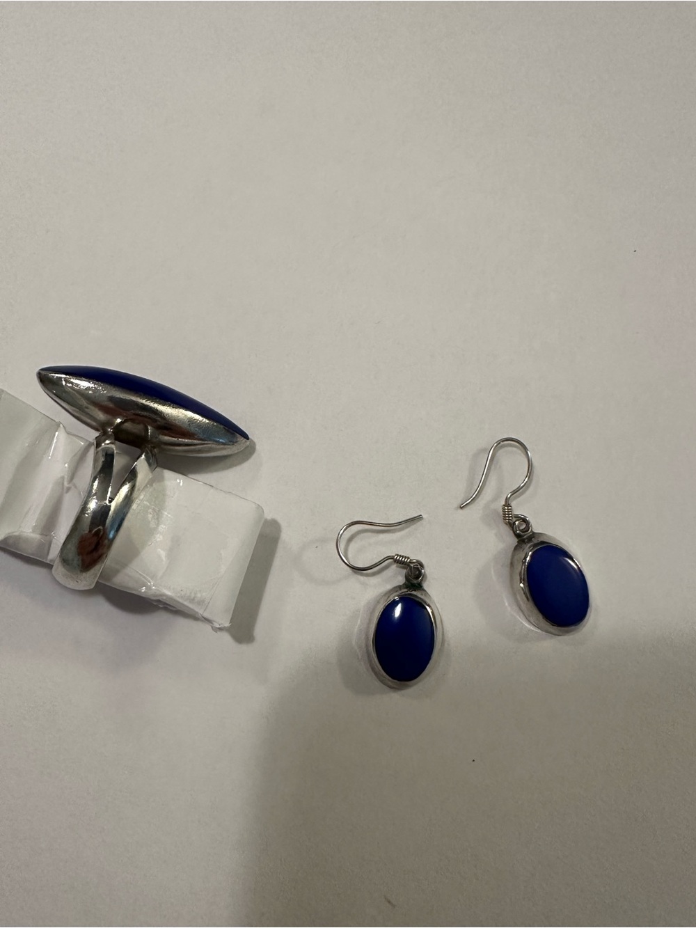 Sterling silver (marked) Blue Cabochon Ring and Earrings - Picture 3 of 5